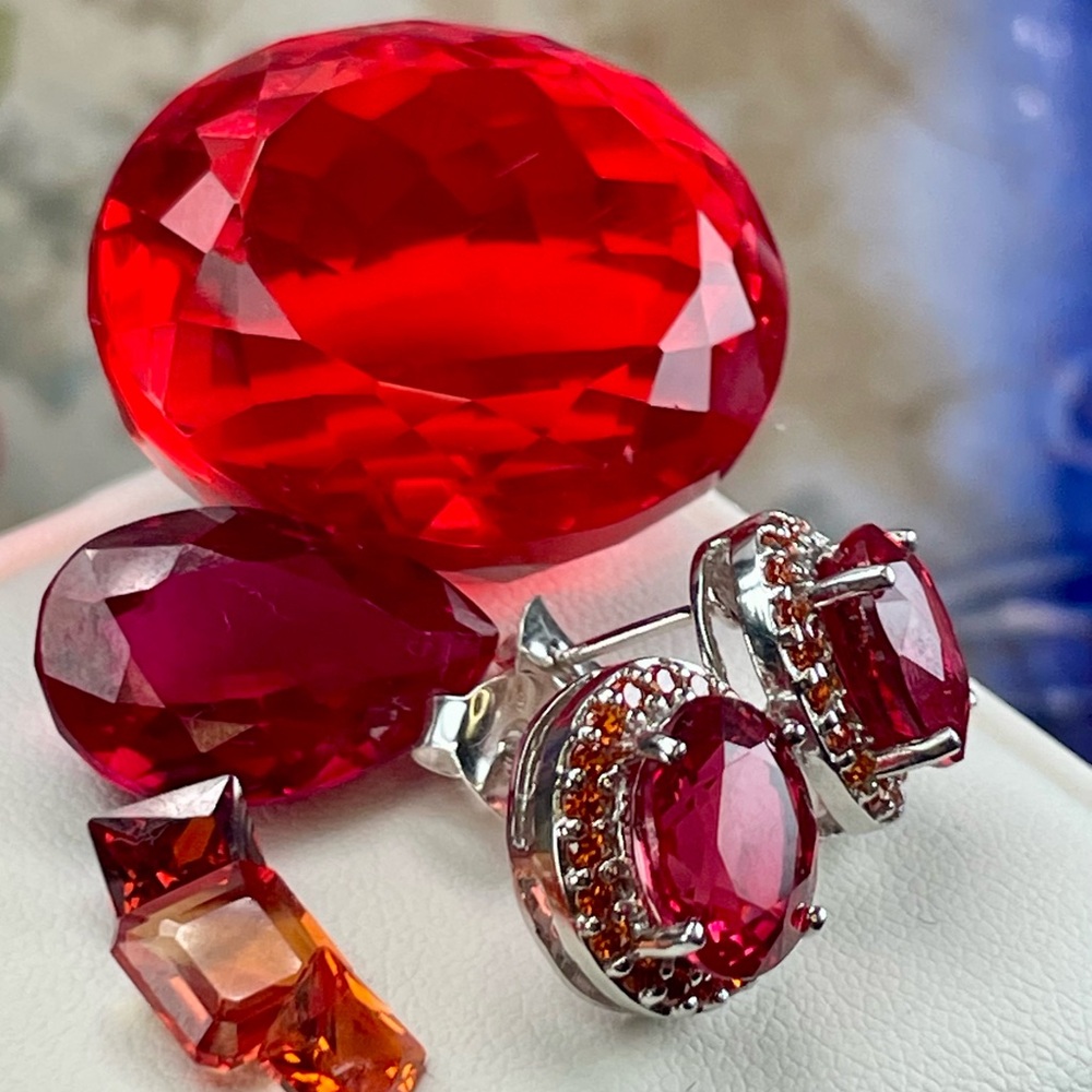 Clearance‼️8ct Orange Sapphire & Red  925 Silver Earrings